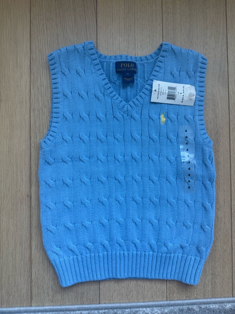 Polo by Ralph Lauren Light Blue Cable Knit V-Neck Sweater Vest with Yellow Pony